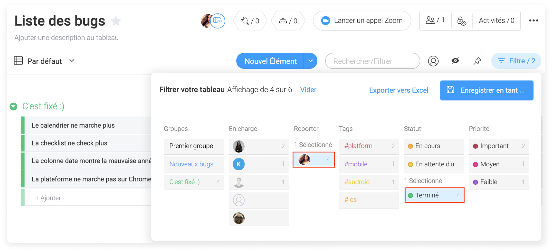 les filtres du tableau support les filtres du tableau support